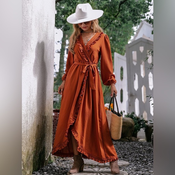 NEW SIMPLEE APPAREL Simplee Frill Trim Belted Wrap Hem Dress M - Picture 6 of 12